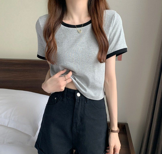 Contrasting color round neck short-sleeved t-shirt women's 2023 new summer bottoming shirt Korean version of slim short student top trend