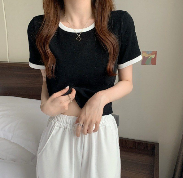 Contrasting color round neck short-sleeved t-shirt women's 2023 new summer bottoming shirt Korean version of slim short student top trend