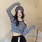 Design sense off-the-shoulder striped T-shirt women's 2022 autumn new niche tight-fitting long-sleeved slim short student tops