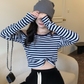 Design sense off-the-shoulder striped T-shirt women's 2022 autumn new niche tight-fitting long-sleeved slim short student tops