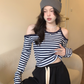 Design sense off-the-shoulder striped T-shirt women's 2022 autumn new niche tight-fitting long-sleeved slim short student tops