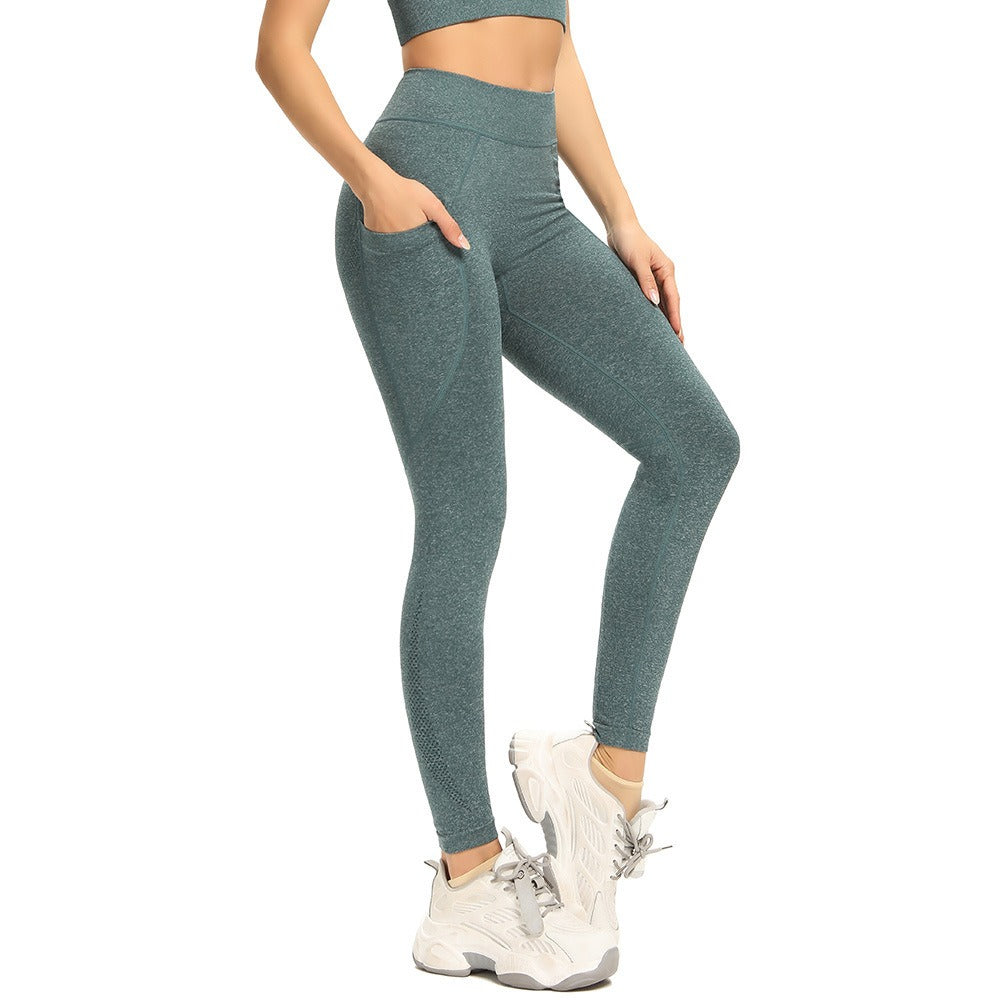 Dark Green Pockets High Waist Fitness Sports Pants.