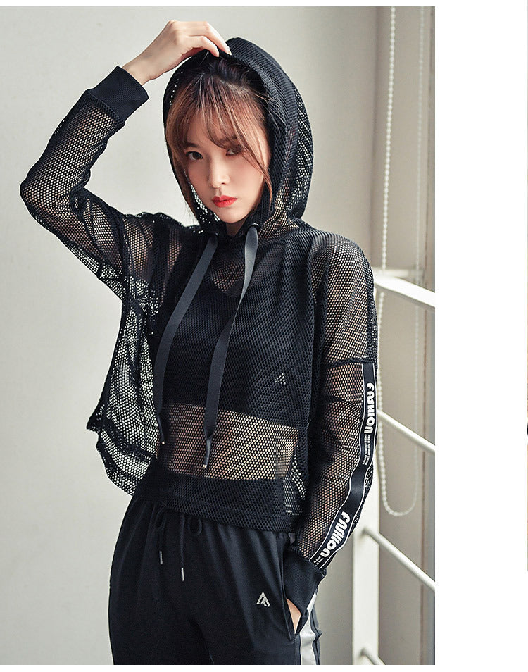 Hollowout sports blouse women's fitness yoga clothing top mesh yarn breathable pullover hooded running casual sports jacket