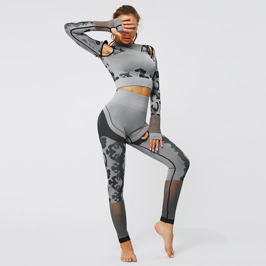 Spring AndSummer New CROP TOP Navel Camouflage Long-Sleeved Top Fitness Trousers Sports Running Suit