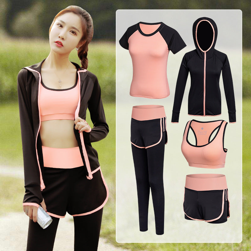 Orange 5 Piece Yoga Clothing Women's New Gym Running Sports Suit Women's Yoga Casual Fitness Clothing Women's Loose Korean version Sport Set