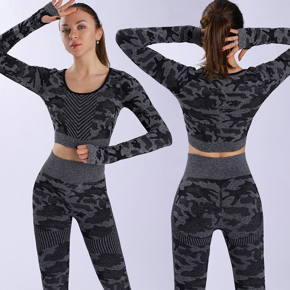 Spring and summer fitness camouflage yoga suit women's slim-fit long-sleeved suit sports hip-lifting nine-point pants yoga suit