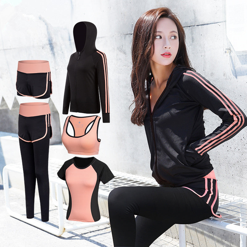 Orange 5 Piece Yoga Clothing Women's New Gym Running Sports Suit Women's Yoga Casual Fitness Clothing Women's Loose Korean version Sport Set