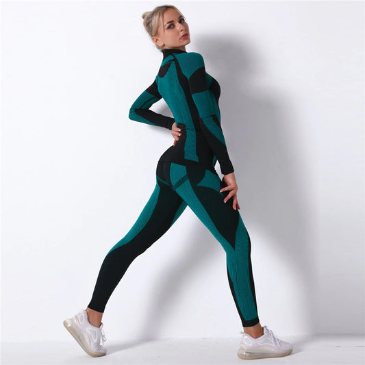 Green 2 piece Fitness Sportswear Long Sleeve T-shirt Vest Shorts Seamless Sport Set