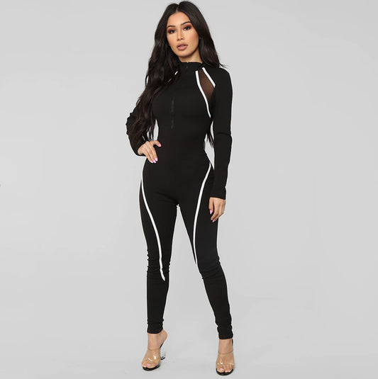 Tight Black Jumpsuit White Stripe Women jumpsuit