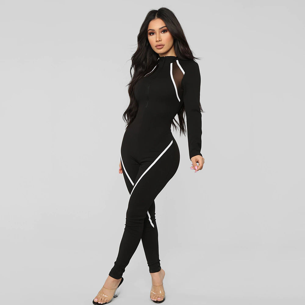 Tight Black Jumpsuit White Stripe Women jumpsuit