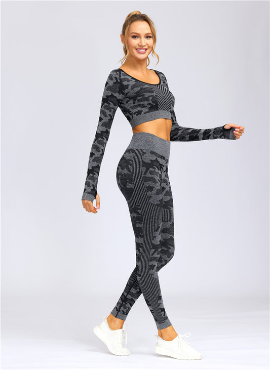 Spring and summer fitness camouflage yoga suit women's slim-fit long-sleeved suit sports hip-lifting nine-point pants yoga suit