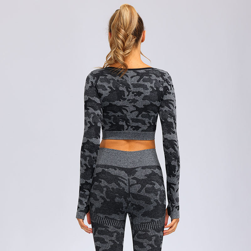 Spring and summer fitness camouflage yoga suit women's slim-fit long-sleeved suit sports hip-lifting nine-point pants yoga suit