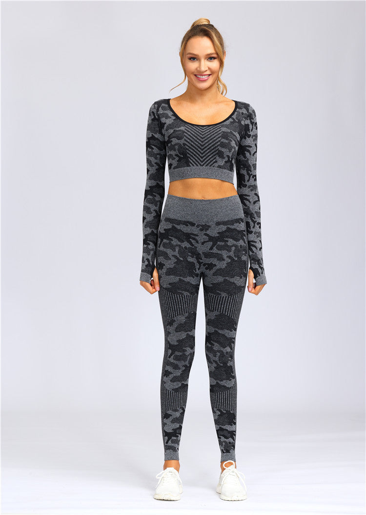 Spring and summer fitness camouflage yoga suit women's slim-fit long-sleeved suit sports hip-lifting nine-point pants yoga suit