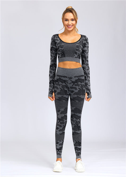 Spring and summer fitness camouflage yoga suit women's slim-fit long-sleeved suit sports hip-lifting nine-point pants yoga suit