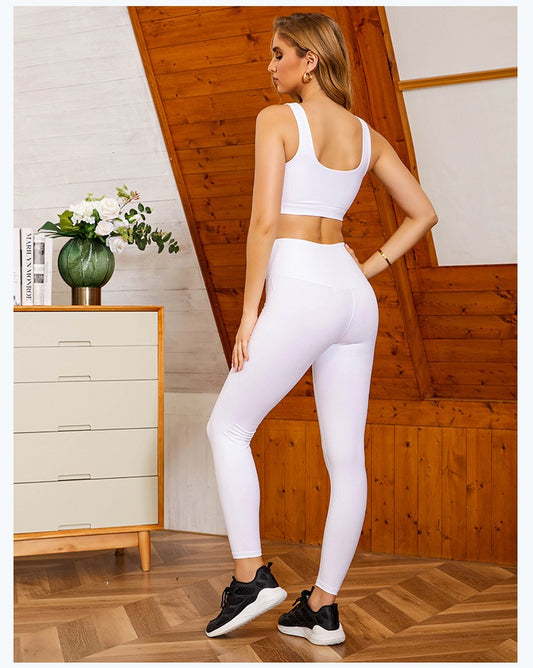 White Fitness Sets Women 2 Piece Straps Gym Tank Top High Waist Leggings Push Up Workout Tracksuit Summer Female Sports Set