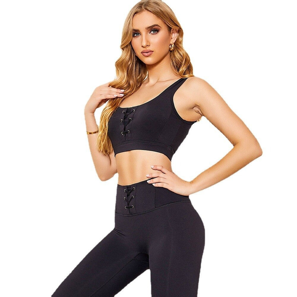 Black Fitness Sets Women 2 Piece Straps Gym Tank Top High Waist Leggings Push Up Workout Tracksuit Summer Female Sports Set