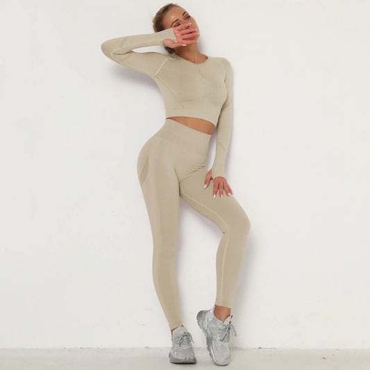 Beige 2 Piece Set Long Sleeve Sportsuit Outfits High Waist Seamless Tracksuits Workout Sportswear Jogging Legging Women's Clothing