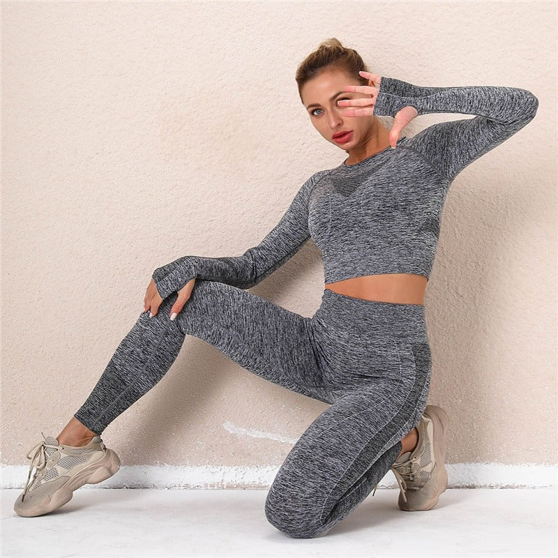 2pcs Grey Set Women Sport Suit Leggings Set Gym Workout Clothes Long Sleeve Fitness Crop Top + High Waist Energy Seamless Leggings.