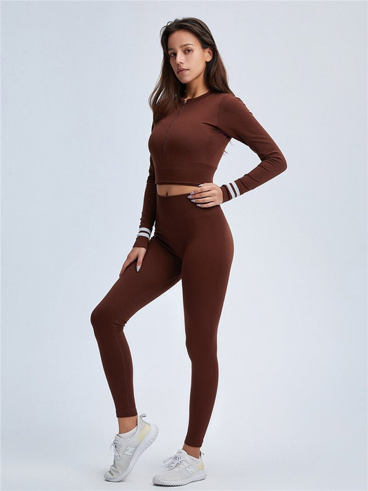 Brown 2 Pcs Women Suits With Zipper Yoga Suits Sexy Long Sleeved Top Running Sports Suit Workout Fitness Set Energy Seamless Gym Sets