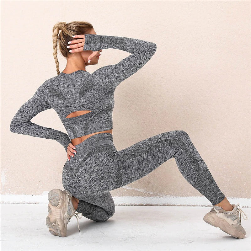 2pcs Grey Set Women Sport Suit Leggings Set Gym Workout Clothes Long Sleeve Fitness Crop Top + High Waist Energy Seamless Leggings.