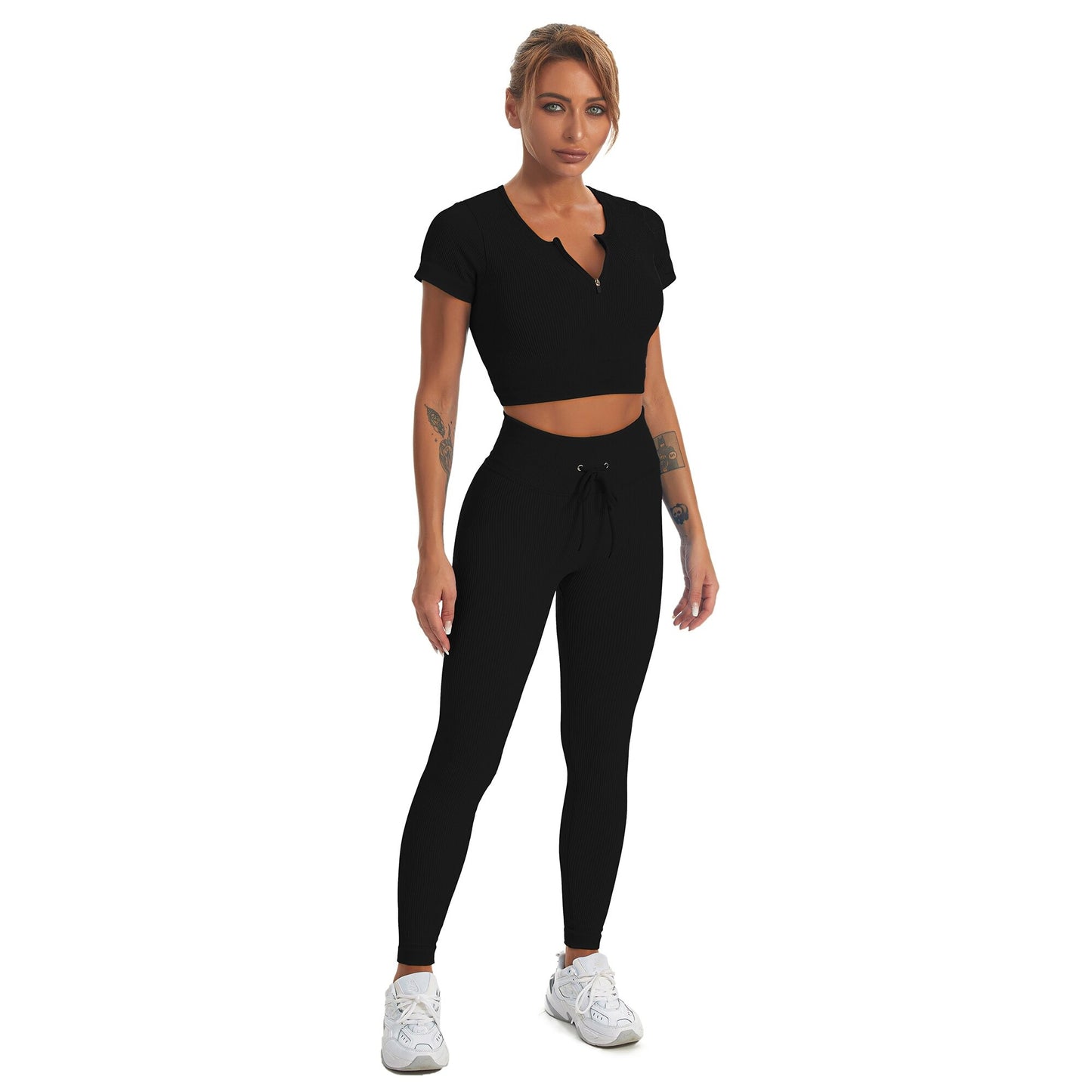 Black 2 Piece Seamless Fitness Yoga Suit Short Sleeve Sports Top High Waist Lace Up Sports Tights Sports Set Gym Sportswear