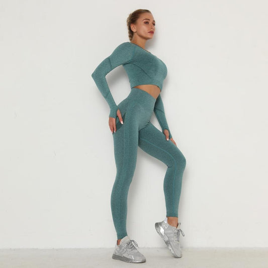 Green 2 Piece Set Long Sleeve Sportsuit Outfits High Waist Seamless Tracksuits Workout Sportswear Jogging Legging Women's Clothing