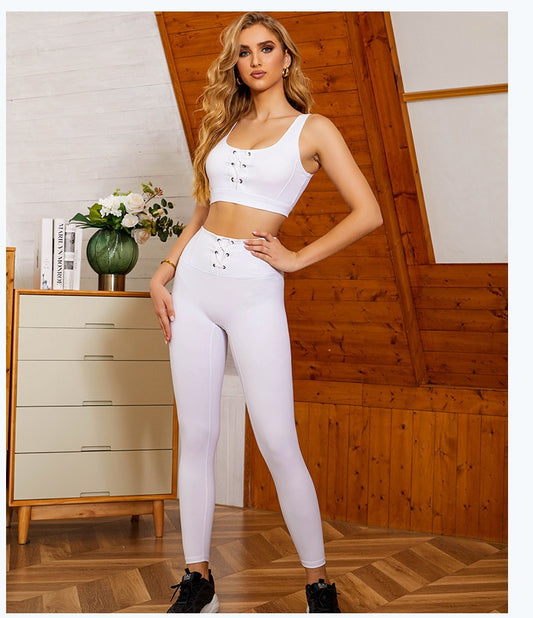 White Fitness Sets Women 2 Piece Straps Gym Tank Top High Waist Leggings Push Up Workout Tracksuit Summer Female Sports Set