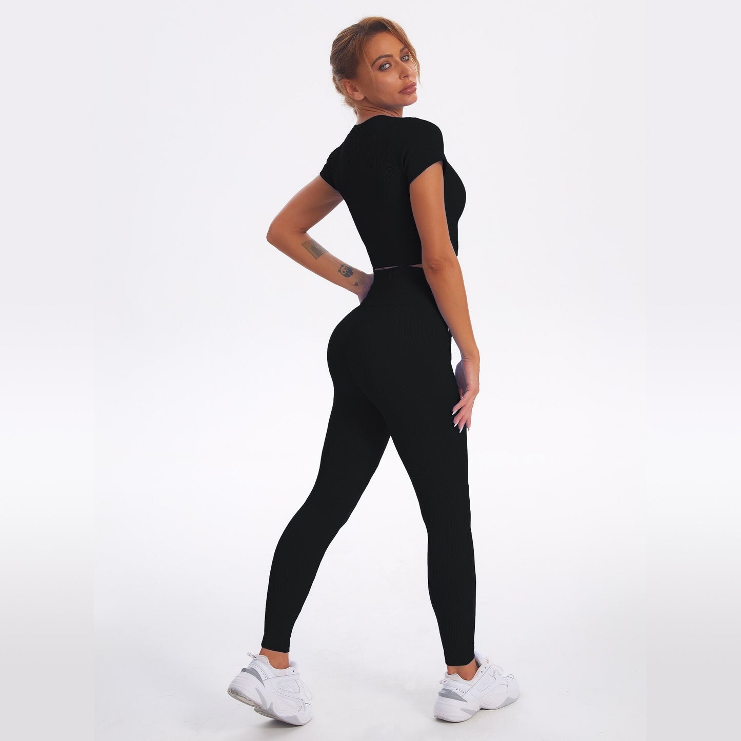 Black 2 Piece Seamless Fitness Yoga Suit Short Sleeve Sports Top High Waist Lace Up Sports Tights Sports Set Gym Sportswear